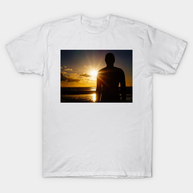 Iron Man at Sunset, Crosby Beach T-Shirt by millroadgirl